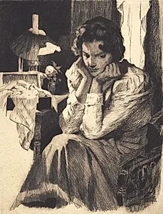Ung pige ved sin lampe, støttende hovedet i begge hænder by Frans Schwartz
