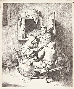 Ung værtinde og to siddende mænd i en krostue by Cornelis Pietersz Bega