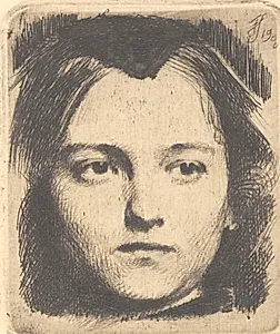 Ungt kvindehoved, en face, med snip. Prøveplade by Frans Schwartz