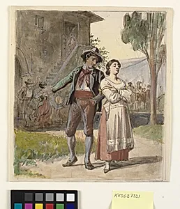 Ungt par, der er uenige, i baggrunden dansende foran et hus
