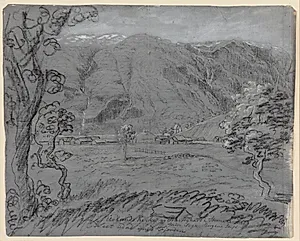 Urland Kirke og præstegård i Stemmedal, set mod fjorden by Johannes Flintoe