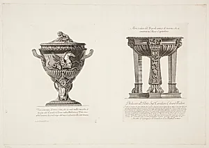 Urne i terracotta, udsmykket med en havhest og et vædderhoved, samt en marmortrefod med vinløv og en spiralsnoet, central støttefod. Urnen er raderet efter Cavalier Ghezzis tegning i Vatikan-biblioteket by Giovanni Battista Piranesi