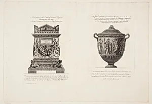 Urne udsmykket med ugle, der flankeres af oksekranier, samt urne med en frise af bakkanter by Giovanni Battista Piranesi