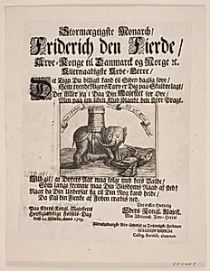 Væbnet elefant, der søndertræder en drage. Blad udsendt 1709 i anledning af Fredrik IV's fødselsdag by Ubekendt
