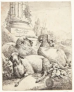 Vædder og to får ved en søjle by Johann Heinrich Roos