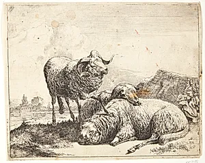 Vædder, stående med det ene ben på et liggende får by Johann Heinrich Roos