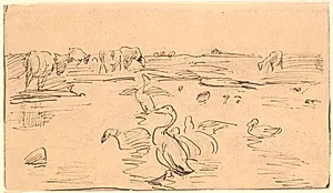 Vandhul med gæs og køer by Theodor Philipsen