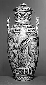 Vase med hanke og låg, dekoreret med to nøgne kvindefigurer og ornamentik by Emile Othon Friesz