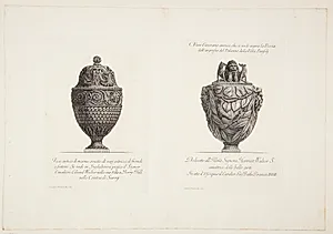 Vase med låg udsmykket med maske, samt en urne med løve og hunde på låget by Giovanni Battista Piranesi