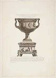 Vase med to hanke og masker, placeret på en base fra en anden vase by Giovanni Battista Piranesi