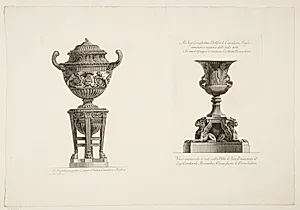 Vase på en trefod og vase udsmykket med akantusblade på en sokkel båret af griffer by Giovanni Battista Piranesi