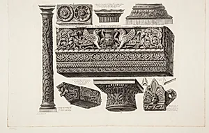 Vaser, kandelabre, gravsten, sarkofager, trefødder, lamper og ornamenter, tegnet og raderet af Cavaliere Giovanni Battista Piranesi by Francesco Piranesi