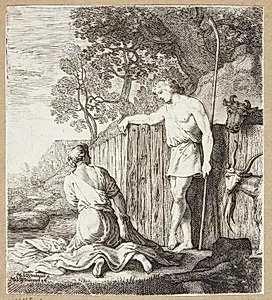Vaskekone og hyrde ved en bæk by Moyses van Wtenbrouck