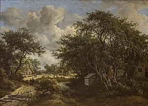 Vej gennem en landsby i skoven by Meindert Hobbema
