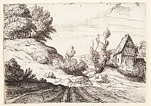 Vej gennem et bakket landskab, t.h. et hus by Lodewijk de Vadder