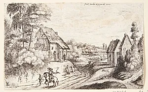 Vej gennem et landskab med gårde, i forgrunden en falkoner til hest by Lodewijk de Vadder