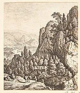 Vejfarende i et bjerglandskab, i baggrunden huse på klipper og en floddal by Herman Saftleven