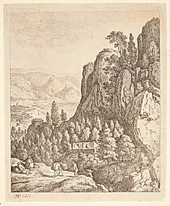Vejfarende i et bjerglandskab, i baggrunden huse på klipper og en floddal by Herman Saftleven