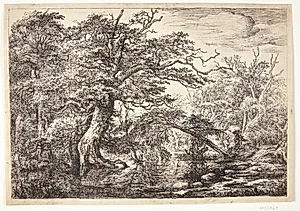 Vejfarende ved en flod med tæt bevoksning by Jacob Isaacksz. van Ruisdael