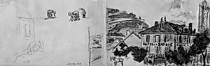 Venstre side: løse rids af et hus, samt tre kvinder, der arbejder i marken. Højre side: udsigt henover "Hotel de Savoi", mod La Batille, Grenoble by Johan Barthold Jongkind