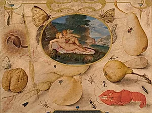 "Venus afvæbner Amor" i en medaillon omgivet af planter, frugter, insekter og skaldyr