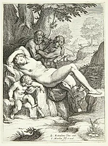 Venus og Amor sover og bliver iagttaget af satyrer by Jacob Matham