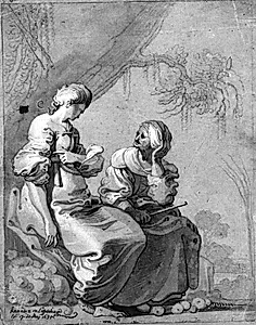 Vertumnus og Pomona siddende under et træ. by Mander III, Karel van