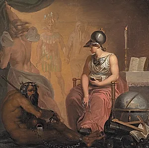Videnskabernes fornyelse, bogtrykkerkunstens og krudtets opfindelse samt Amerikas opdagelse. Allegori på en af fire hovedepoker i Europas kulturhistorie
