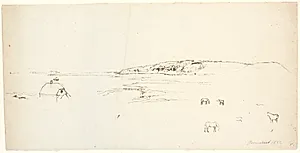 Vidtstrakt landskab, t.h. bakker og i forgrunden heste by P.C. Skovgaard