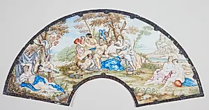 Vifteformet blad. I midten Pan med nymfer og bacchusbarnet (?) ved en perse, t.h. og v. hvilende kvindefigurer by Ubekendt