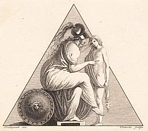 Vignet der fremstiller Pallas Athene der giver en ung mand livet by J.F. Clemens