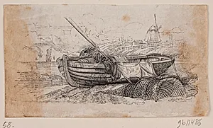 Vignet. Fiskerbåd trukket på land by Andreas Flinch