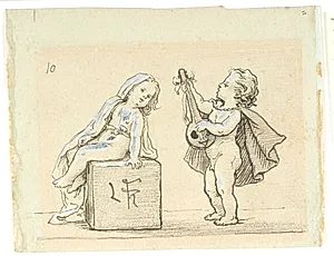 Vignet med dreng, der spiller mandolin for en pige by Lorenz Frølich