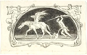 Vignet med en udslidt Pegasus for en plov, der drives frem af en mand med høj hat, bevæbnet med en stor pen by Lorenz Frølich