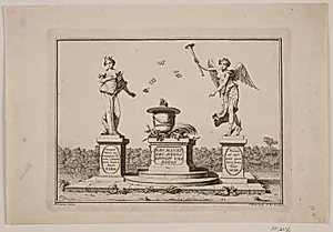 Vignet med en Vase og to Statuer by Odvardt Helmoldt de Lode
