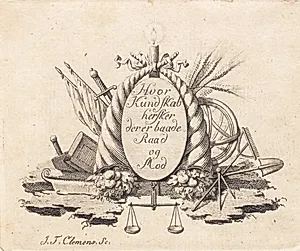 Vignet med forskellige attributter og plade med inskription by J.F. Clemens