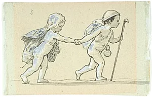 Vignet med gående dreng og pige, der holder hinanden i hånden by Lorenz Frølich