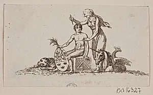Vignet med kvinde, siddende ung mand og enhjøring by Gerhard Ludvig Lahde