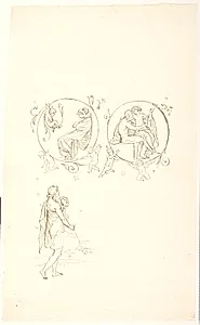 Vignet med sovende kvinde. Vignet med elskende par. Stående ung mand med krans by Lorenz Frølich