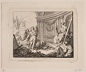 Vignet. T.v. en engel, t.h. siddende figur med kors by J.M. Preisler