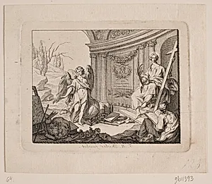 Vignet. T.v. en engel, t.h. siddende figur med kors by J.M. Preisler