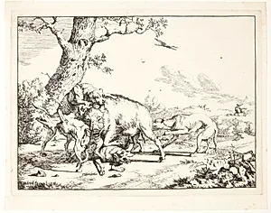 Vildsvin, der angribes af fire hunde by Marcus de Bye
