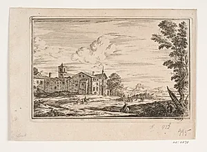 Villa med dobbelttrappe set fra haven by C.A. Lorentzen