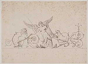 Vinget kvinde omgivet af en løve og en hund. Dekorationsudkast? by Jacques François Joseph Saly