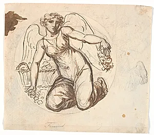 Vinget kvindeskikkelse i cirkelrundt felt. T.h. studie af figurens venstre fod by Nicolai Abildgaard