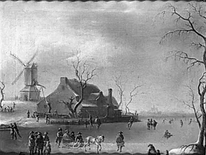 Vinterbillede med skøjteløbere, en mølle til venstre by Thomas Heeremans