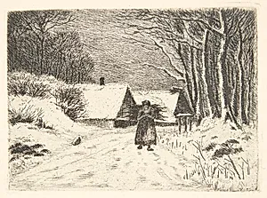 Vinterlandskab. En kone med en brændeknippe by Louise Ravn-Hansen