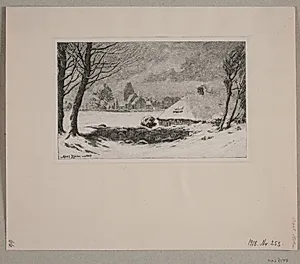 Vinterlandskab med bondehus og kirke