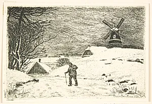 Vinterlandskab med en mølle by Louise Ravn-Hansen