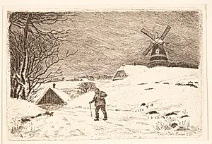 Vinterlandskab med en mølle by Louise Ravn-Hansen